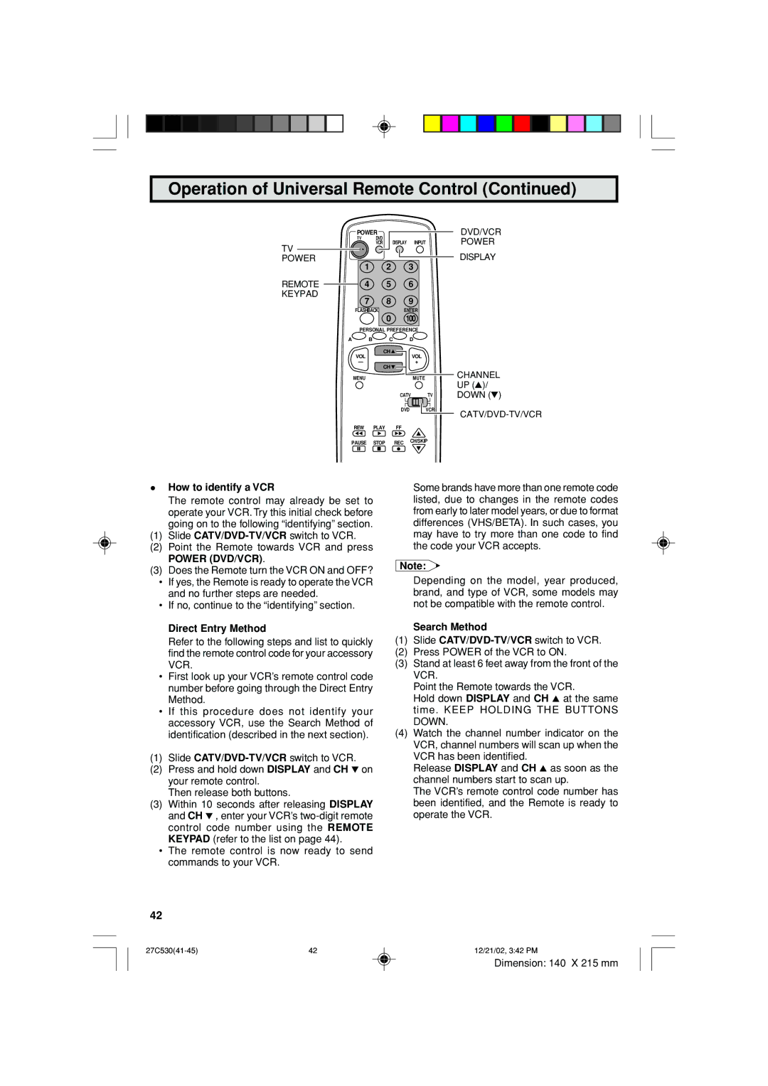 Sharp 27C530 operation manual How to identify a VCR, Direct Entry Method, Search Method 