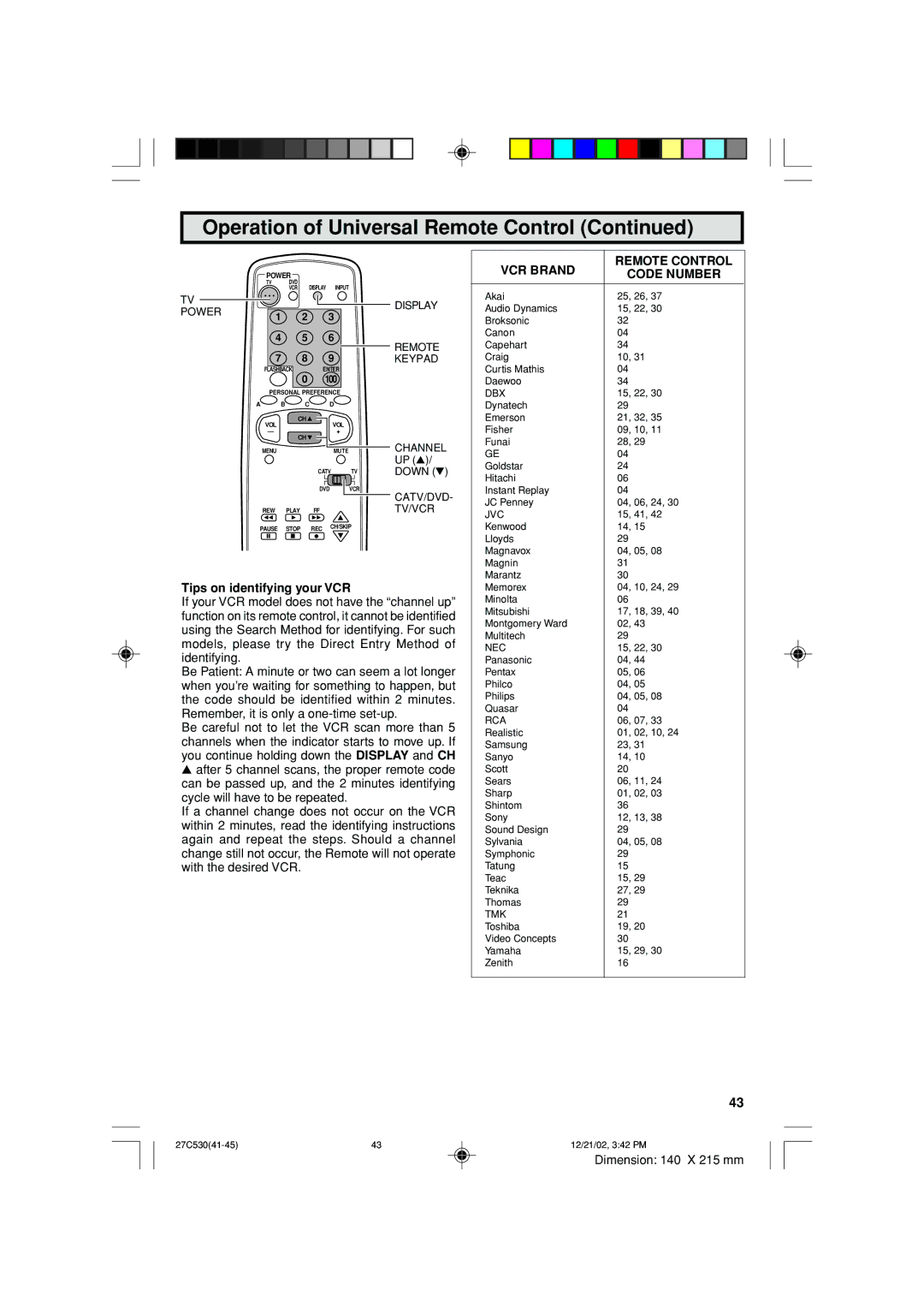 Sharp 27C530 operation manual VCR Brand Remote Control Code Number, Tips on identifying your VCR 