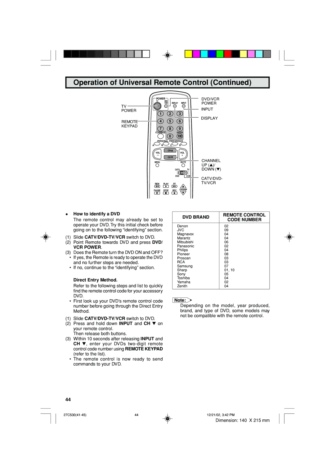 Sharp 27C530 operation manual How to identify a DVD, VCR Power, DVD Brand Remote Control Code Number 