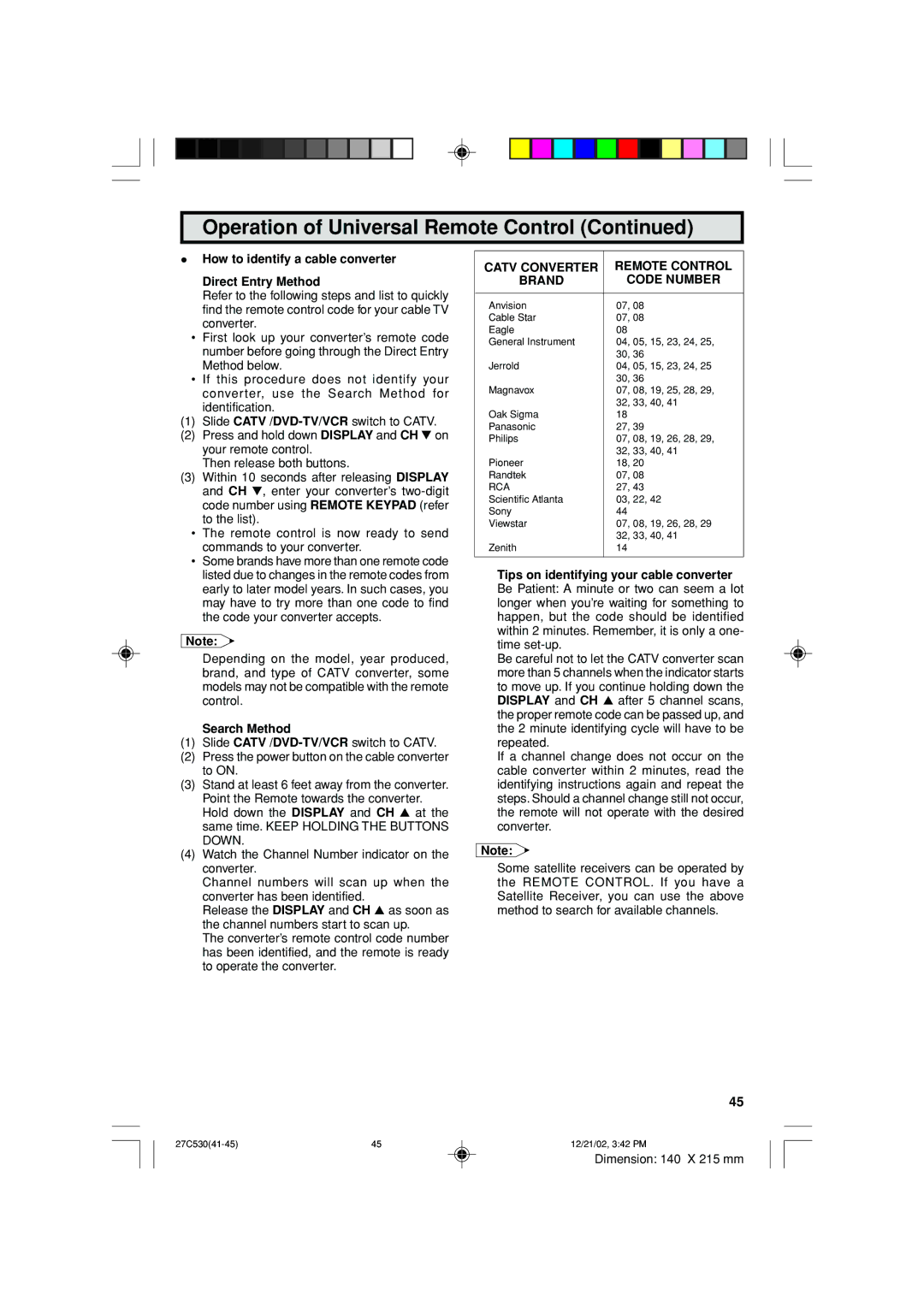 Sharp 27C530 How to identify a cable converter Direct Entry Method, Catv Converter Remote Control Brand Code Number 