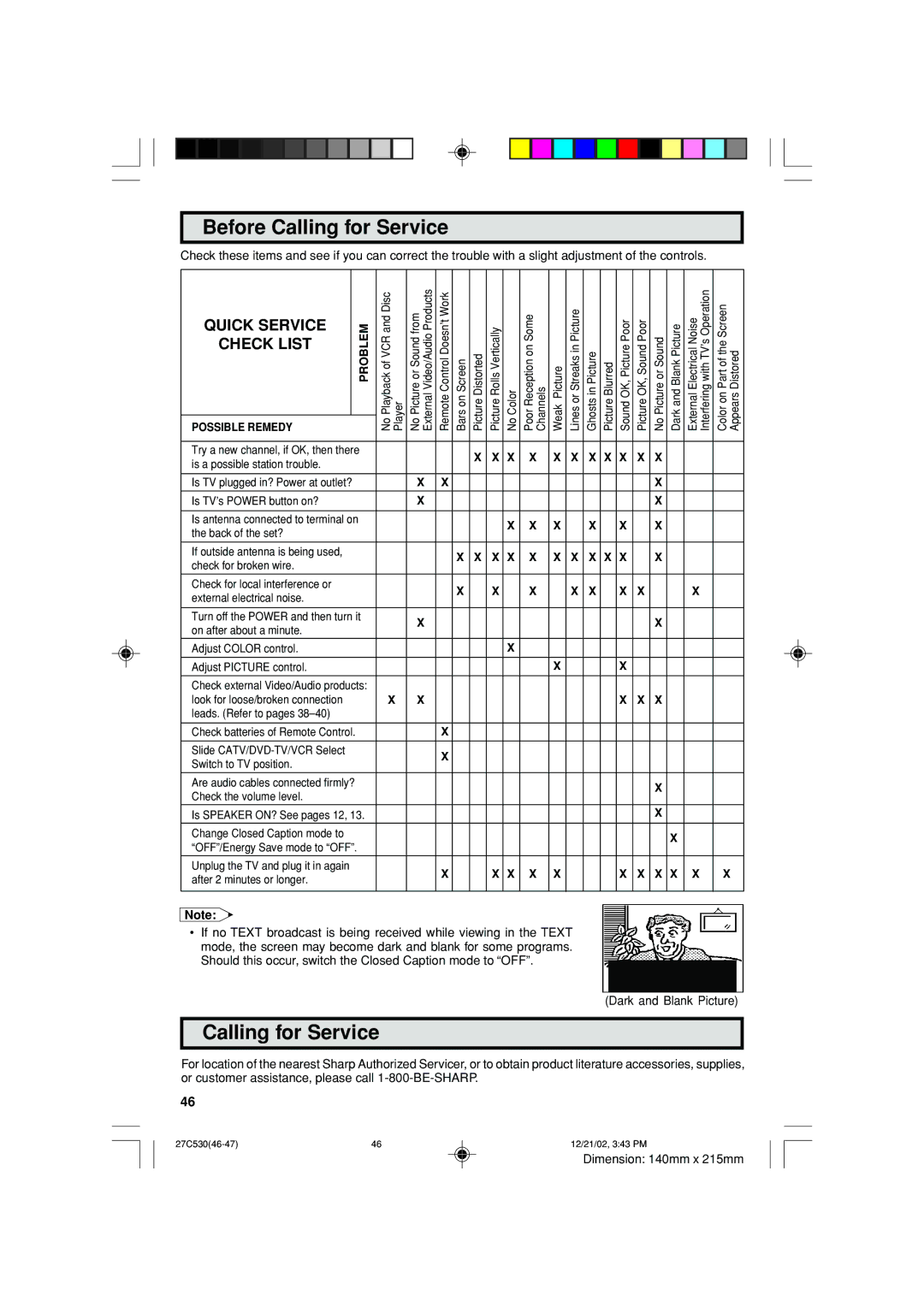 Sharp 27C530 operation manual Before Calling for Service 