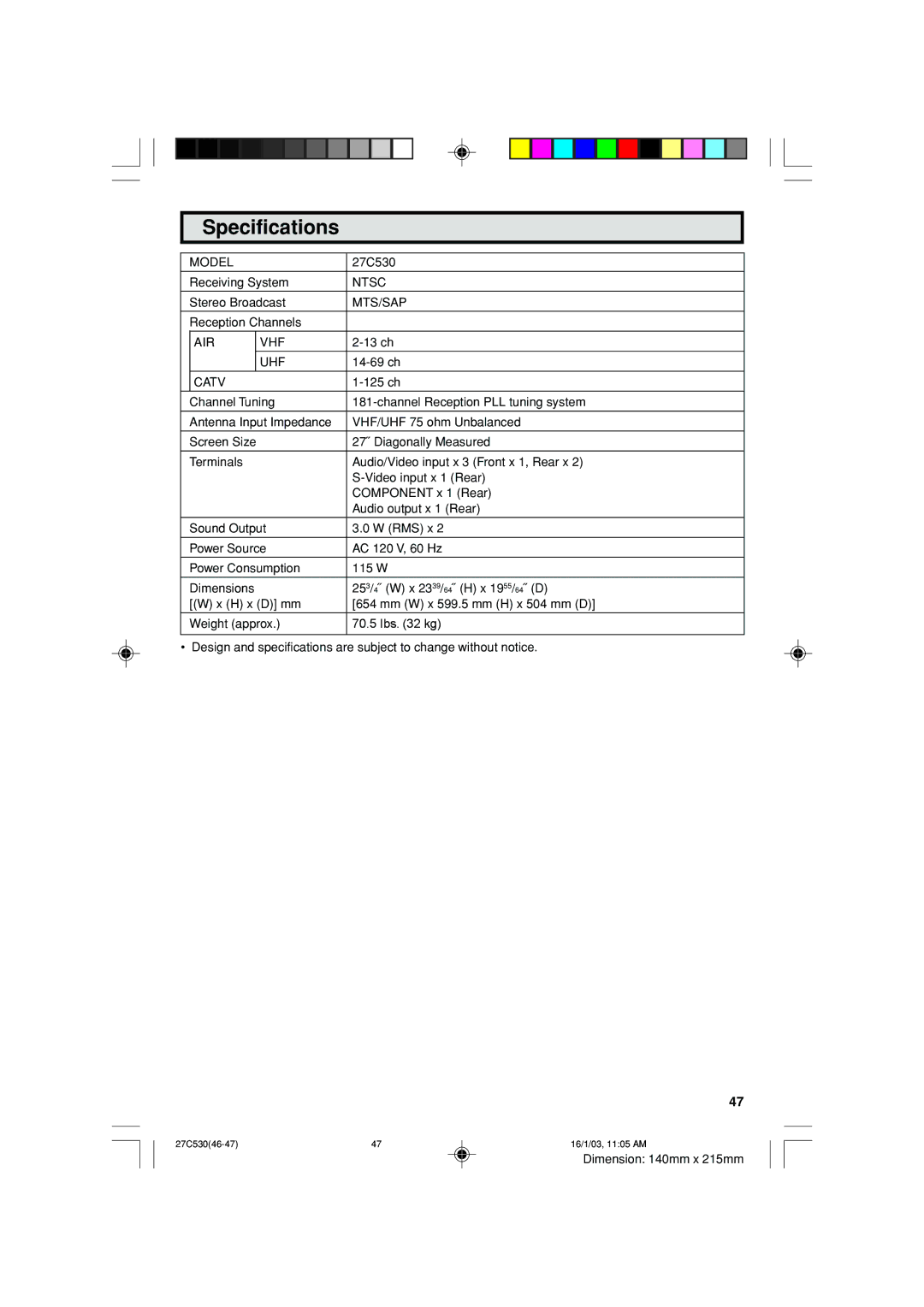 Sharp 27C530 operation manual Specifications, Catv 