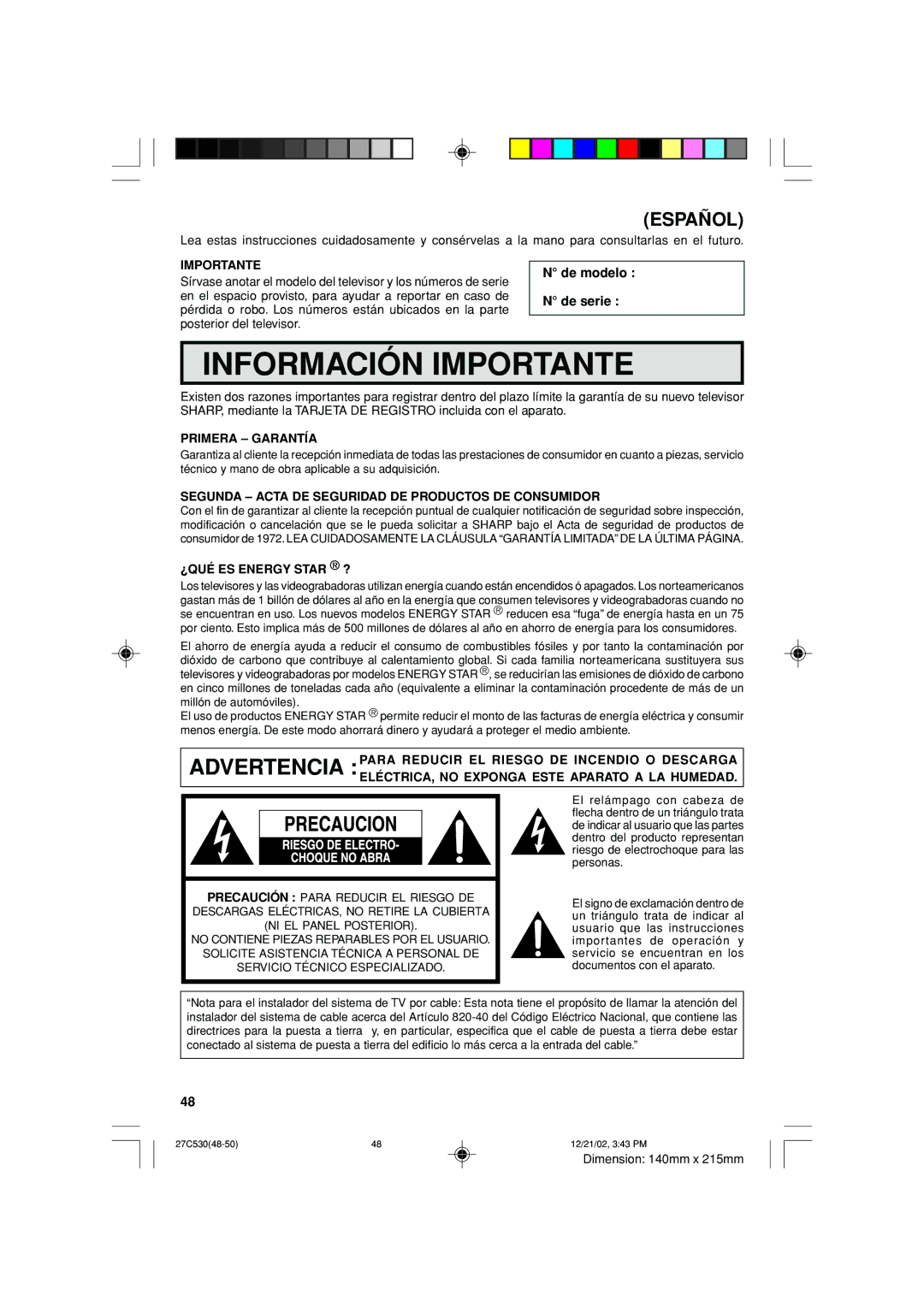 Sharp 27C530 Importante, De modelo De serie, Primera Garantía, Segunda Acta DE Seguridad DE Productos DE Consumidor 