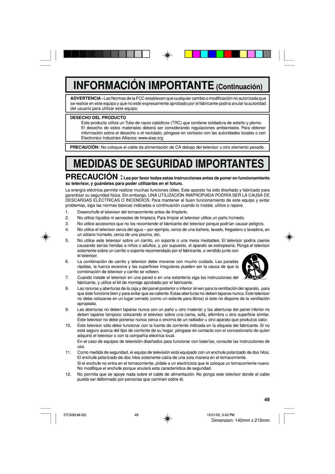 Sharp 27C530 operation manual Medidas DE Seguridad Importantes 