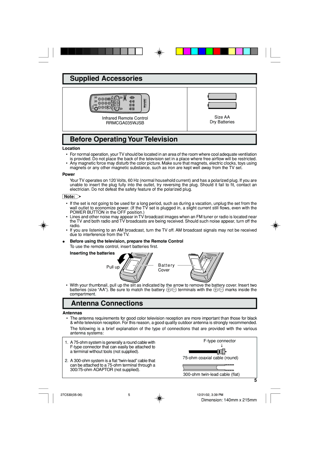 Sharp 27C530 operation manual Supplied Accessories, Before Operating Your Television, Antenna Connections 