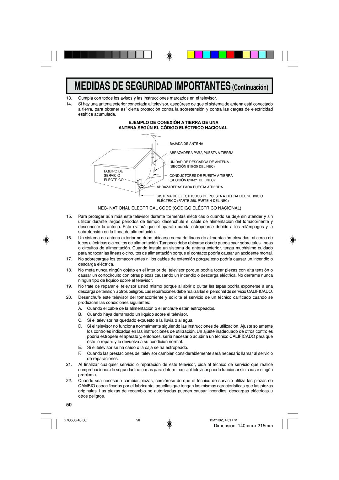 Sharp 27C530 operation manual Medidas DE Seguridad Importantes Continuación 