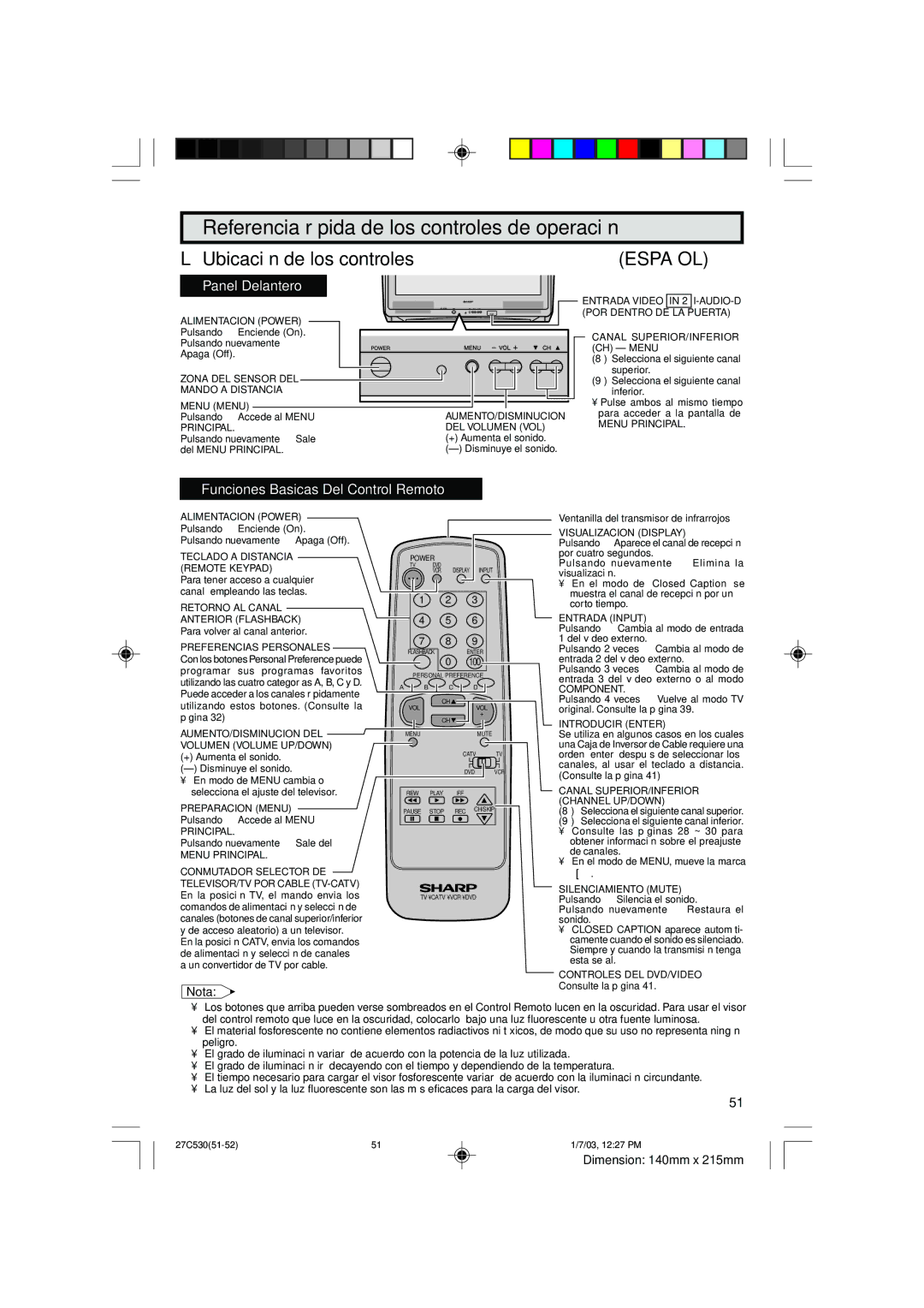 Sharp 27C530 operation manual Referencia rápida de los controles de operación, Nota 