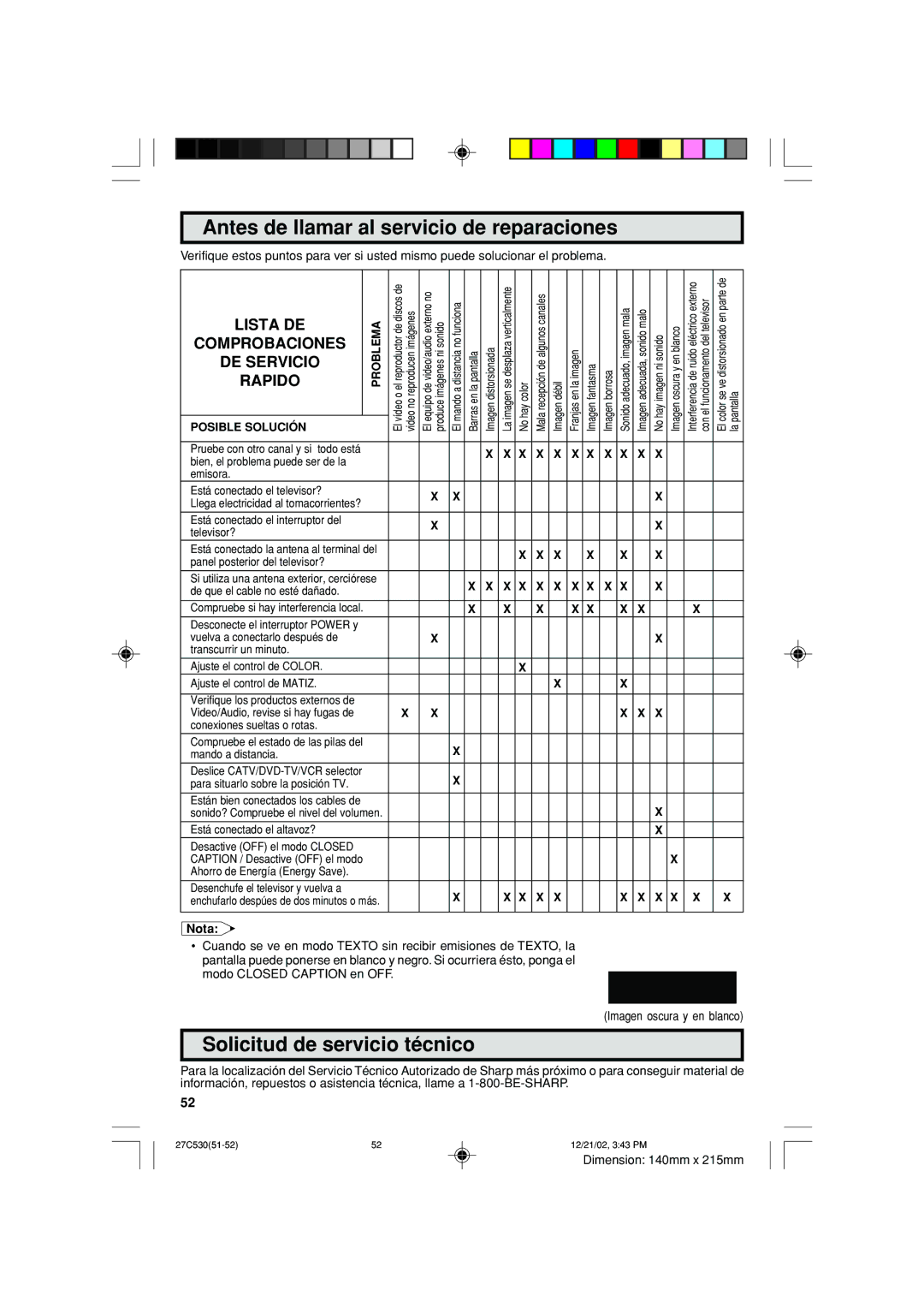 Sharp 27C530 operation manual Antes de llamar al servicio de reparaciones, Solicitud de servicio técnico 