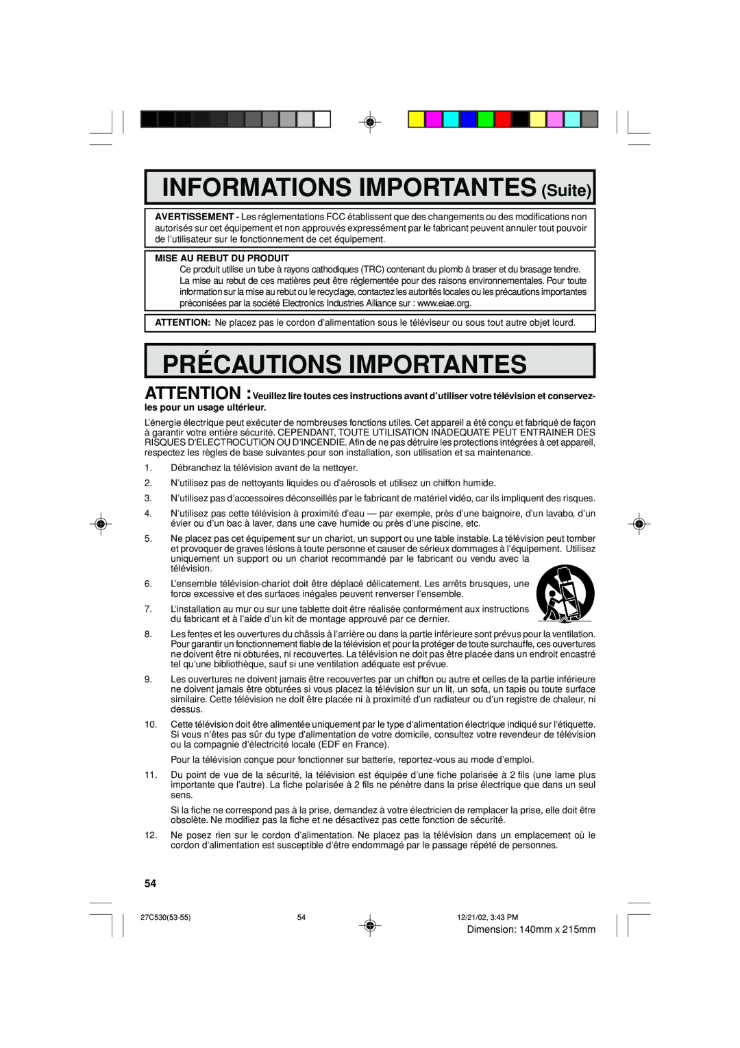 Sharp 27C530 operation manual Précautions Importantes 