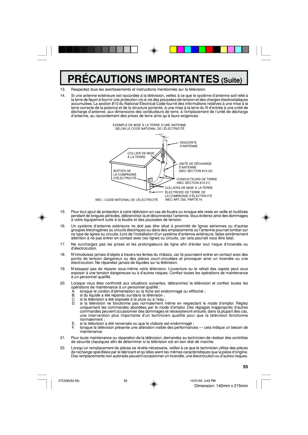 Sharp 27C530 operation manual Précautions Importantes Suite 