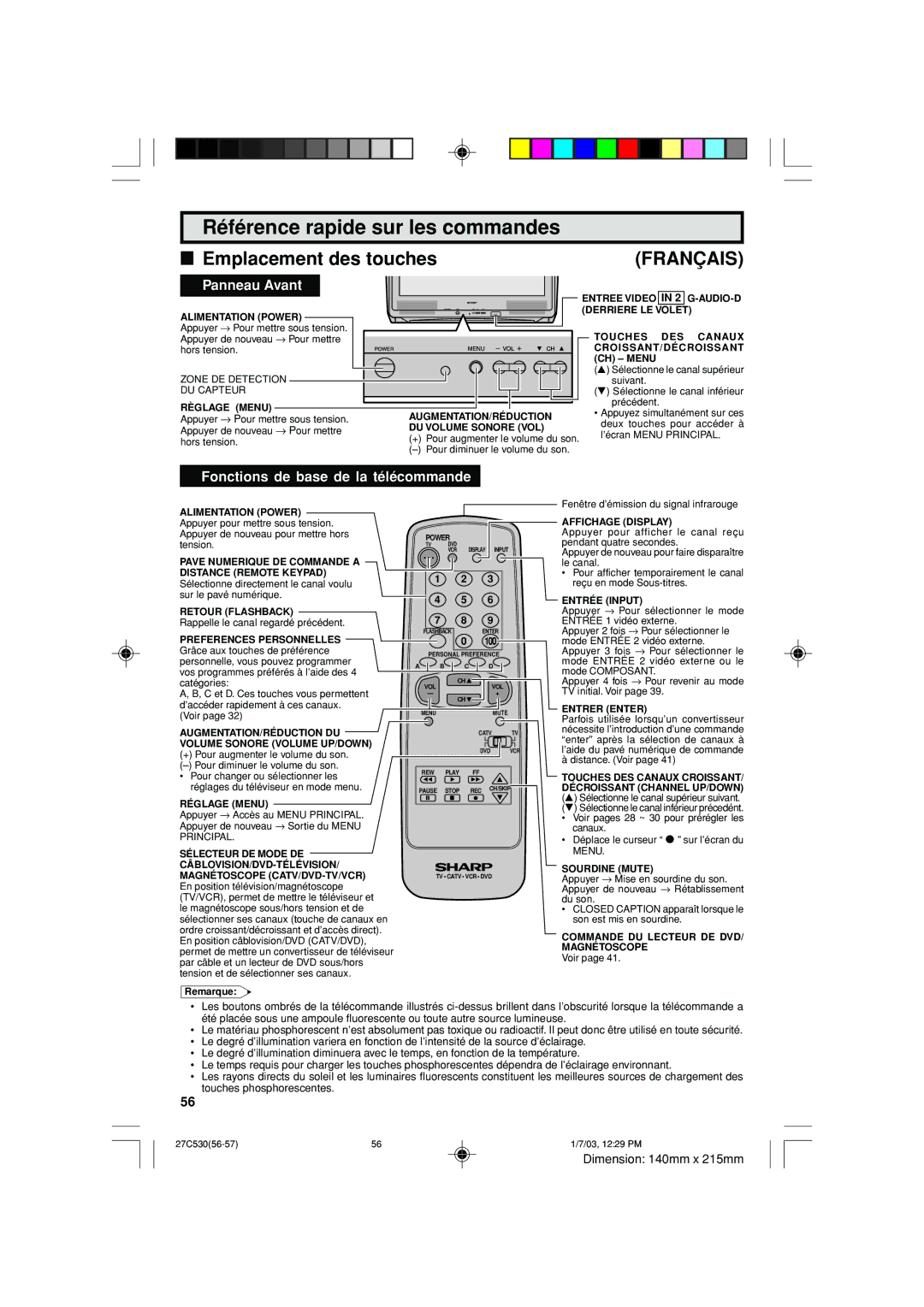 Sharp 27C530 operation manual Référence rapide sur les commandes, Panneau Avant 