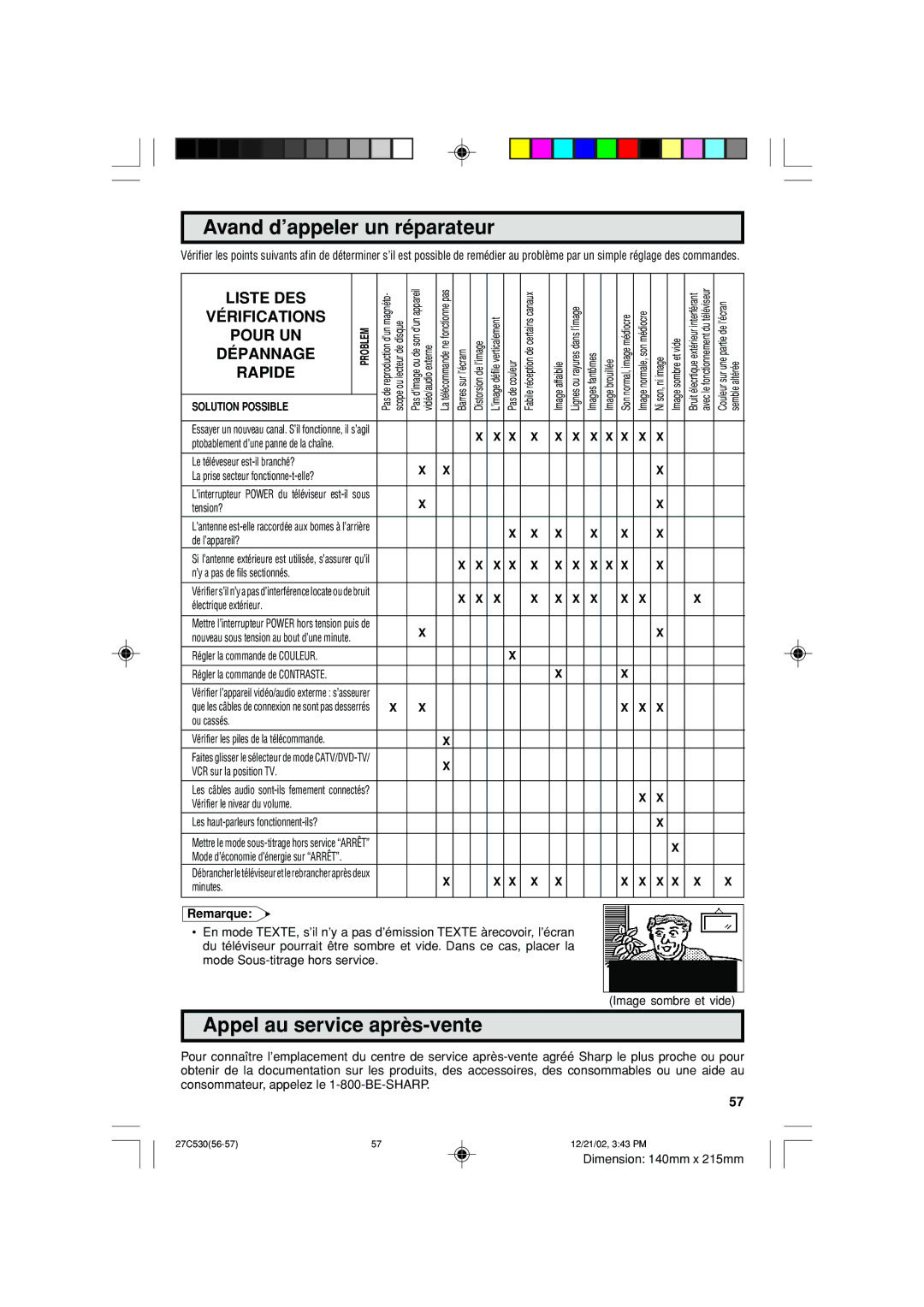 Sharp 27C530 operation manual Avand d’appeler un réparateur, Appel au service après-vente, Remarque 