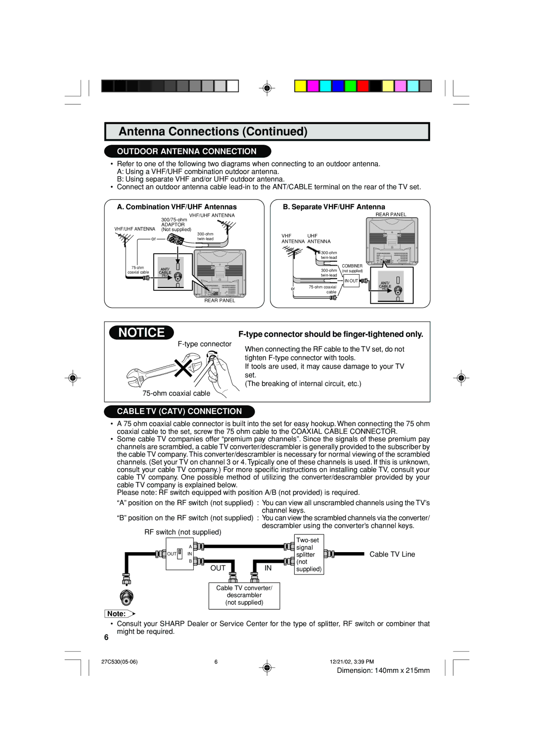 Sharp 27C530 operation manual Outdoor Antenna Connection, Combination VHF/UHF Antennas Separate VHF/UHF Antenna 