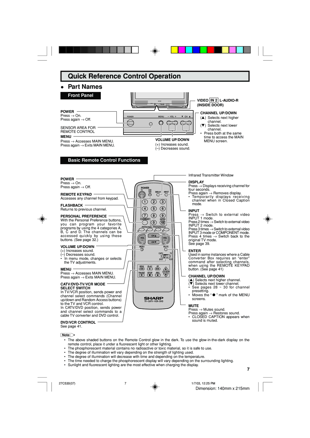 Sharp 27C530 operation manual Quick Reference Control Operation, Part Names 