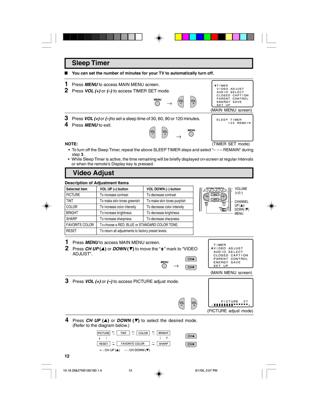 Sharp 27N S100, 27N S180, 25N S100, 25N S180 Sleep Timer, Video Adjust, Timer SET mode, Description of Adjustment Items 