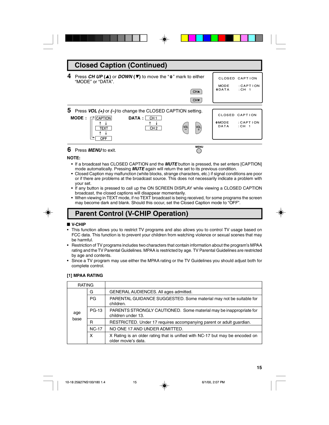 Sharp 25N S180, 27N S100, 27N S180, 25N S100 warranty Parent Control V-CHIP Operation, Mode Data, Chip, Mpaa Rating 