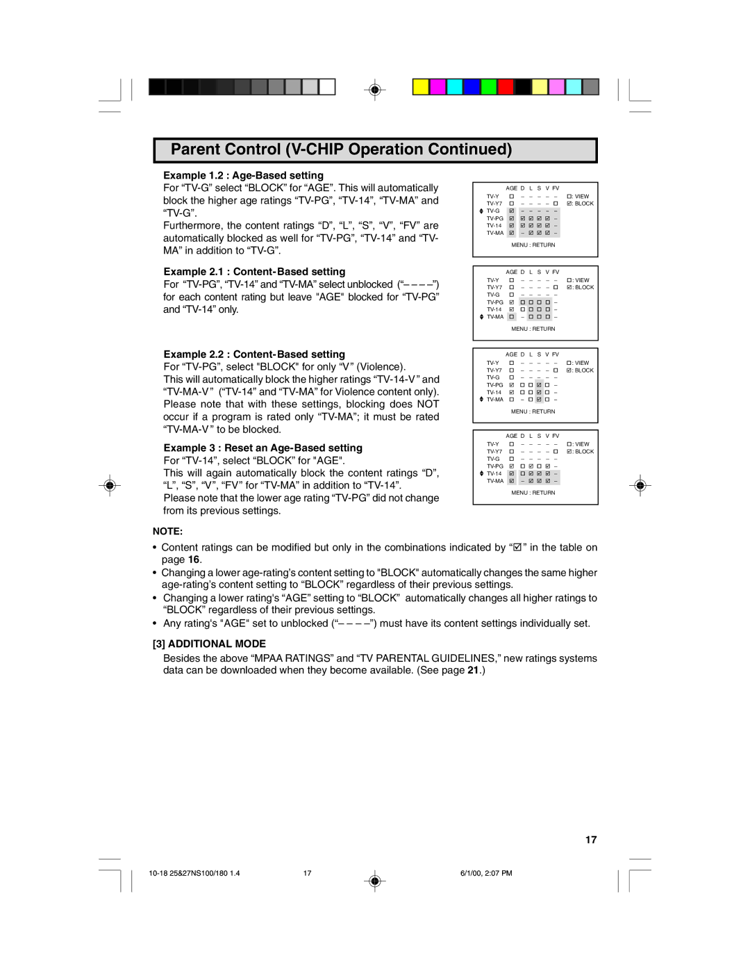 Sharp 27N S180 Example 1.2 Age-Based setting, Example 2.1 Content- Based setting, Example 2.2 Content-Based setting 