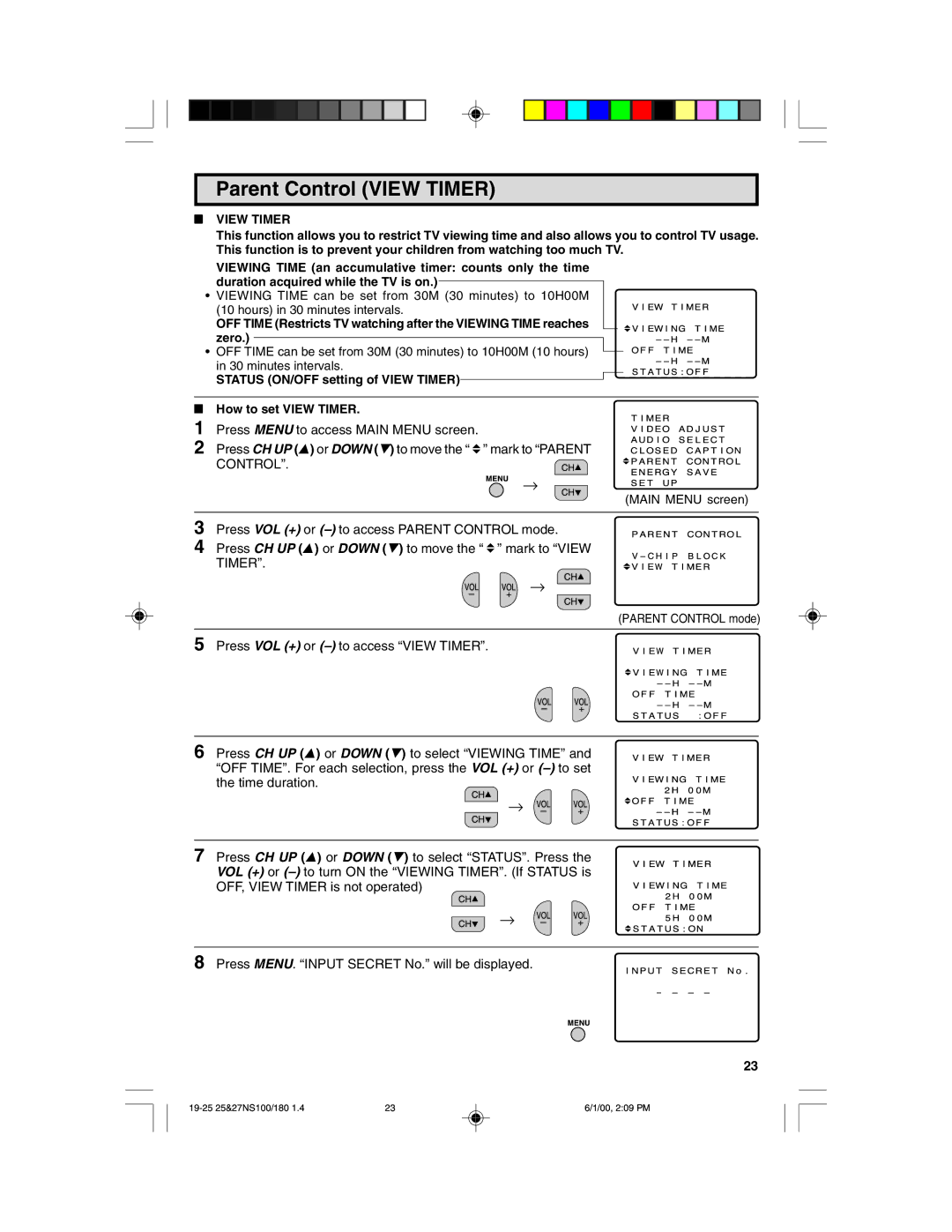 Sharp 25N S180, 27N S100, 27N S180 Parent Control View Timer, Status ON/OFF setting of View Timer How to set View Timer 