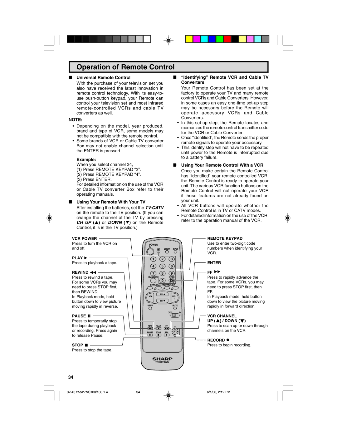 Sharp 25N S100, 27N S100, 27N S180 Operation of Remote Control, Universal Remote Control, Using Your Remote With Your TV 