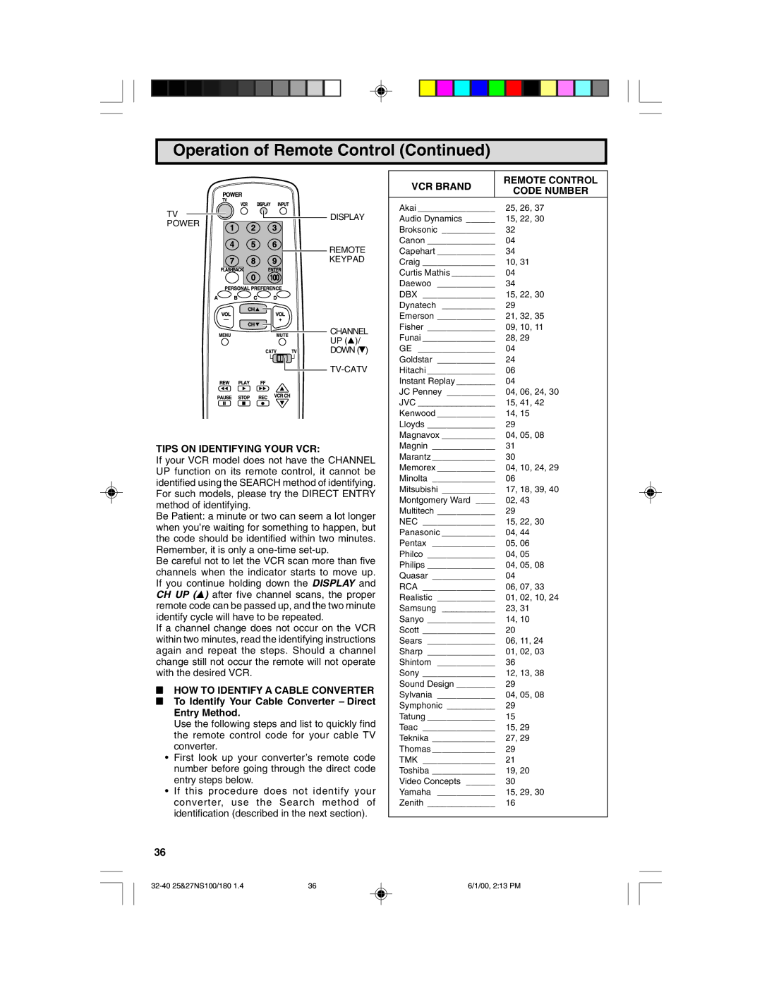 Sharp 27N S100, 27N S180, 25N S100, 25N S180 warranty Tips on Identifying Your VCR, VCR Brand Remote Control Code Number 