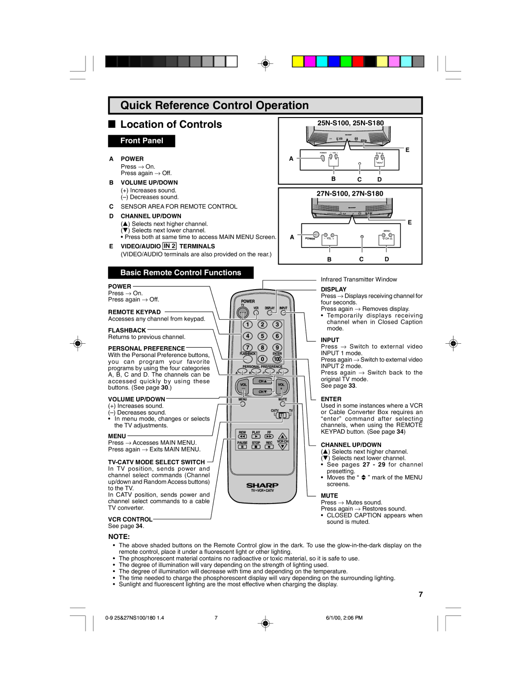 Sharp 25N S180, 27N S100, 27N S180, 25N S100 Quick Reference Control Operation, 25N-S100, 25N-S180, 27N-S100, 27N-S180 