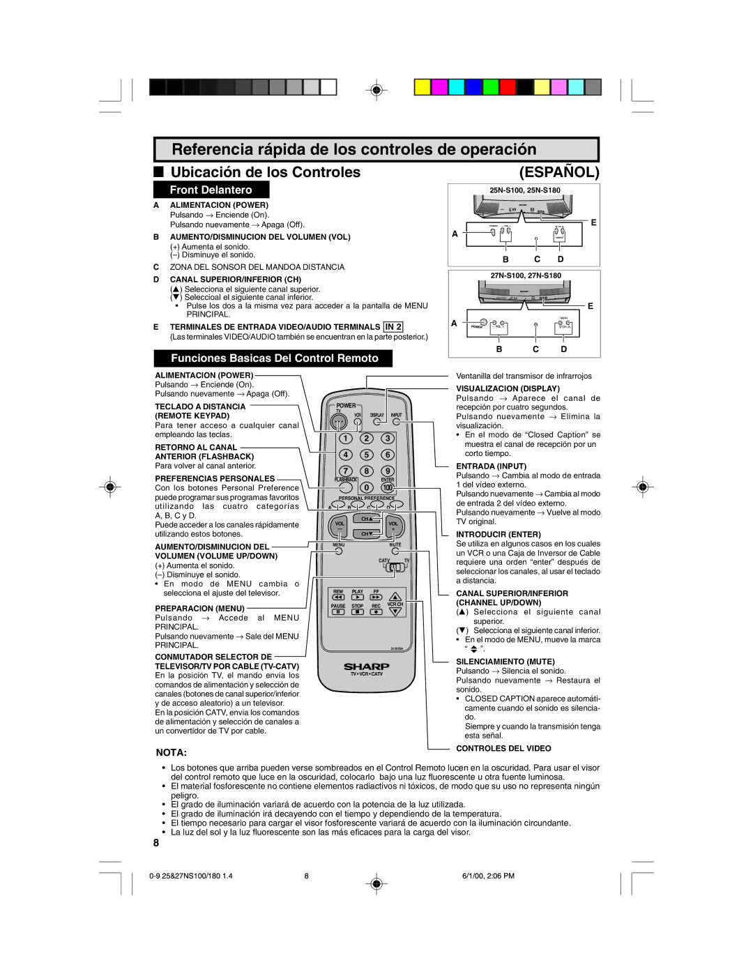 Sharp 27N S100, 27N S180, 25N S100, 25N S180 warranty Referencia rápida de los controles de operación, Nota 