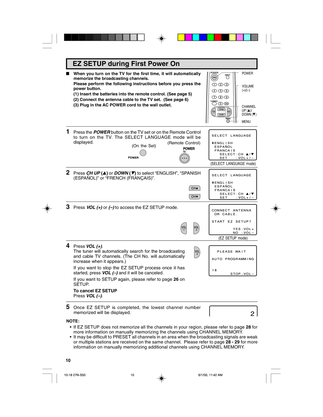 Sharp 27N S50 warranty EZ Setup during First Power On, To cancel EZ Setup 