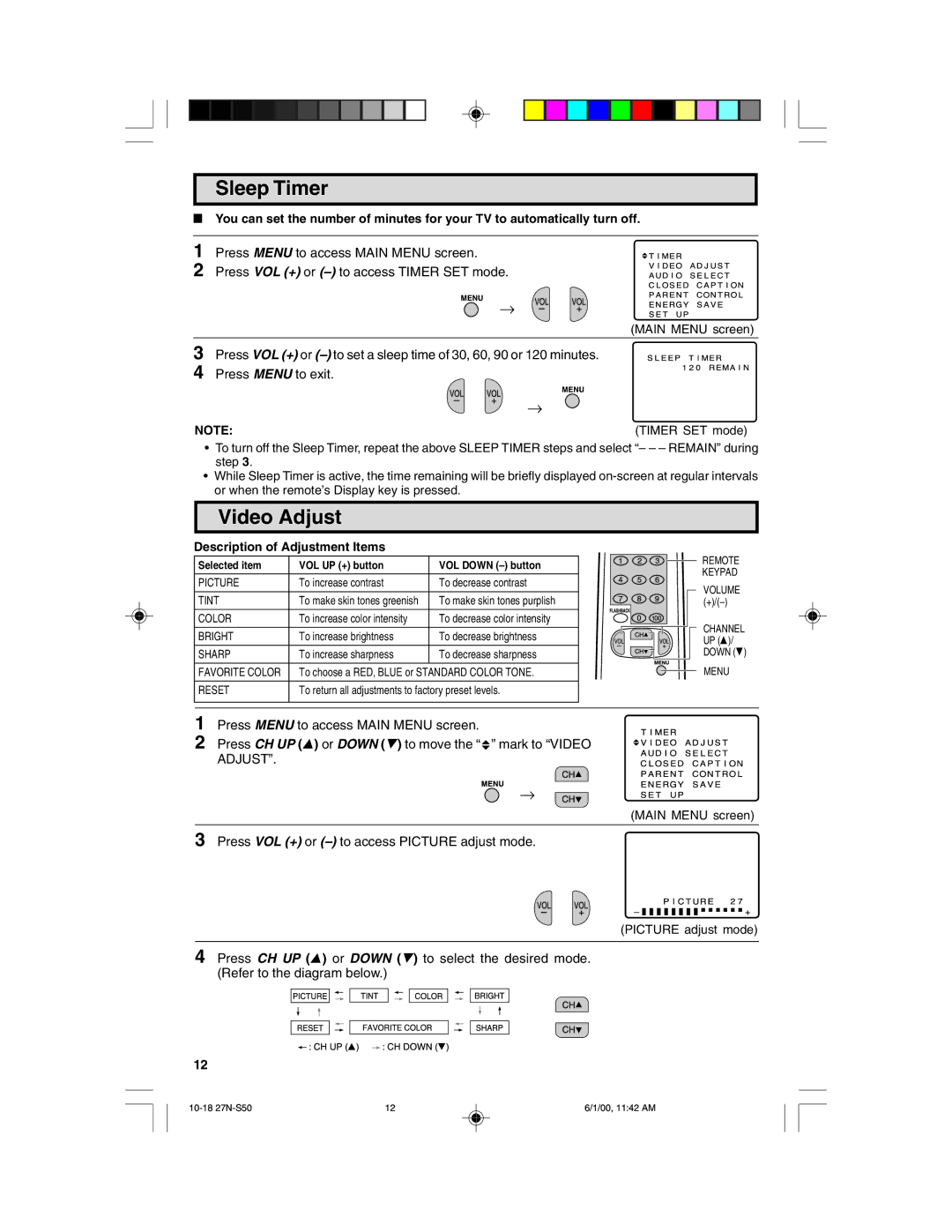 Sharp 27N S50 warranty Sleep Timer, Video Adjust, Timer SET mode, Description of Adjustment Items 