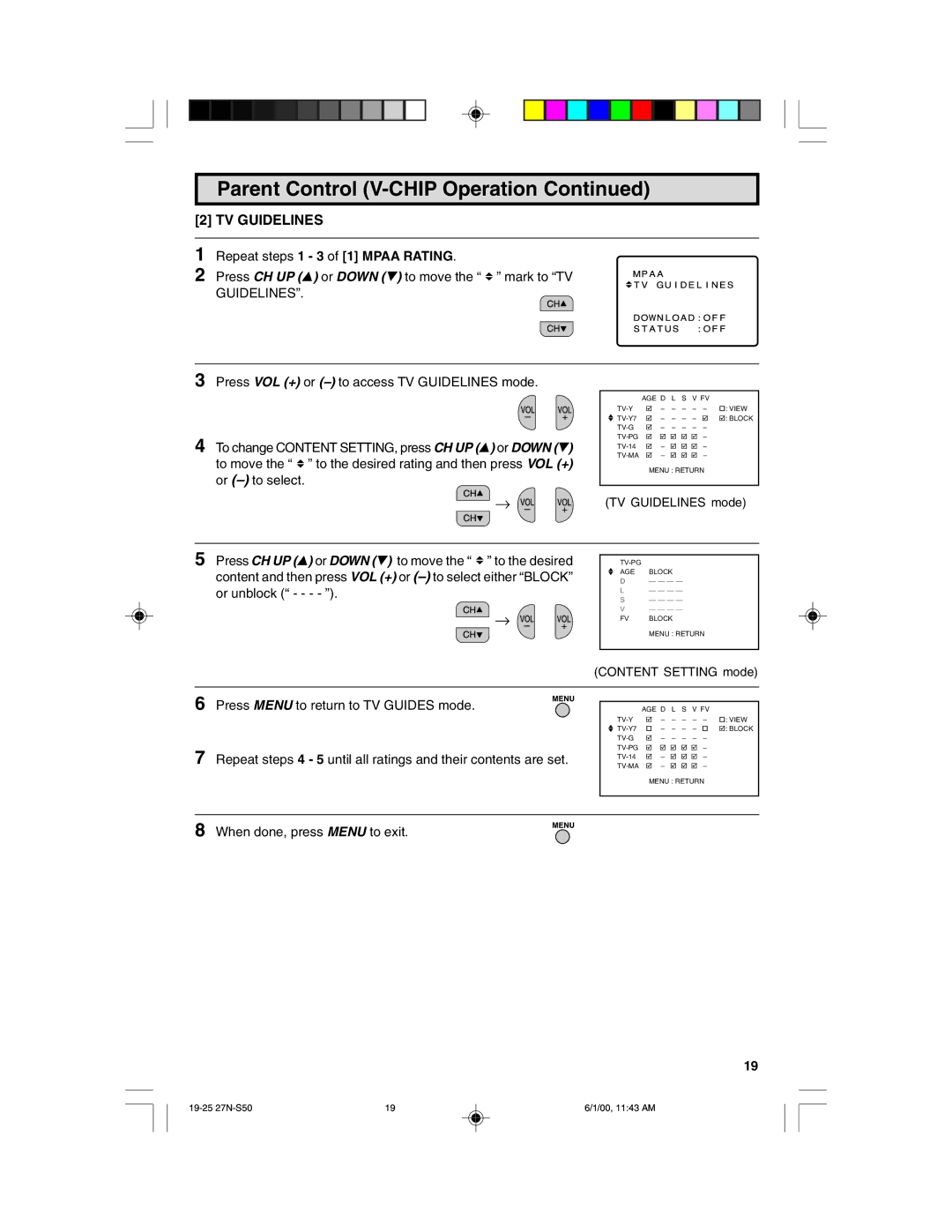 Sharp 27N S50 warranty TV Guidelines, Repeat steps 1 3 of 1 Mpaa Rating 