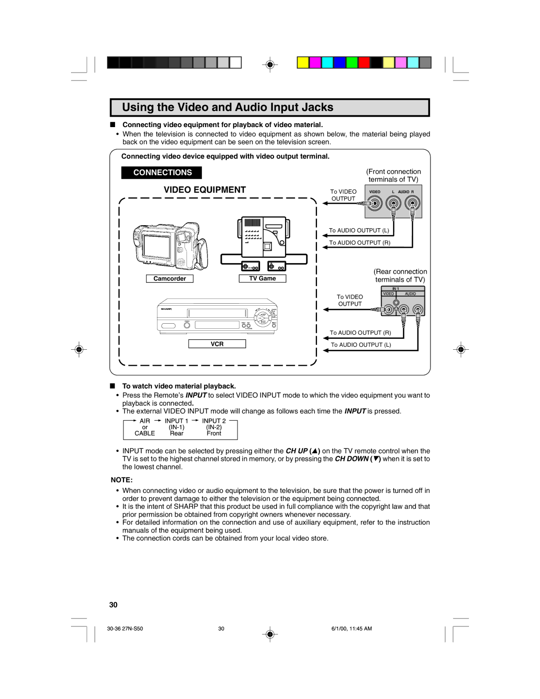 Sharp 27N S50 Using the Video and Audio Input Jacks, Connecting video equipment for playback of video material, Vcr 