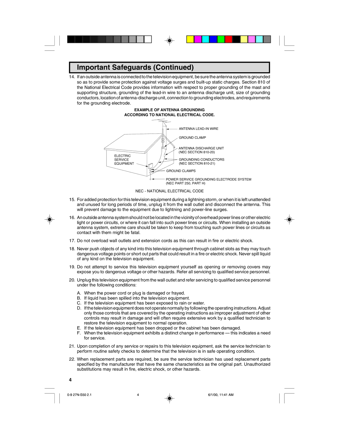 Sharp 27N S50 warranty NEC National Electrical Code 