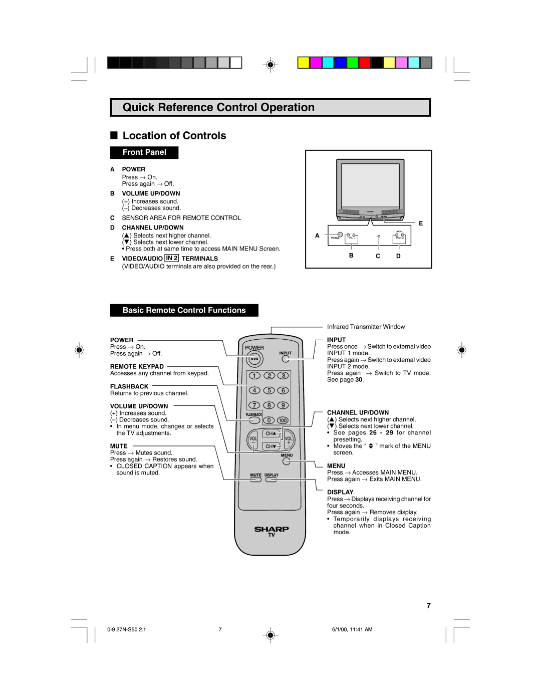 Sharp 27N S50 warranty Quick Reference Control Operation 