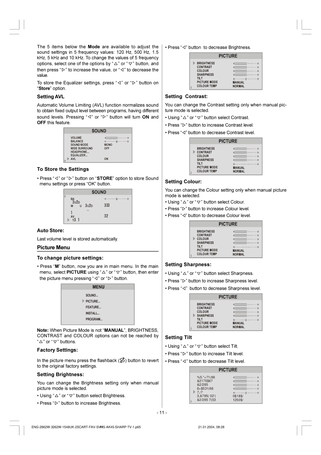 Sharp 28LF-92H operation manual Picture Menu 