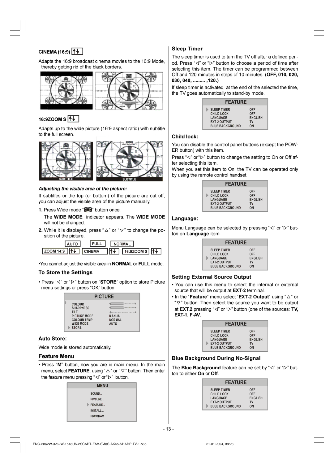 Sharp 28LF-92H operation manual Feature Menu 