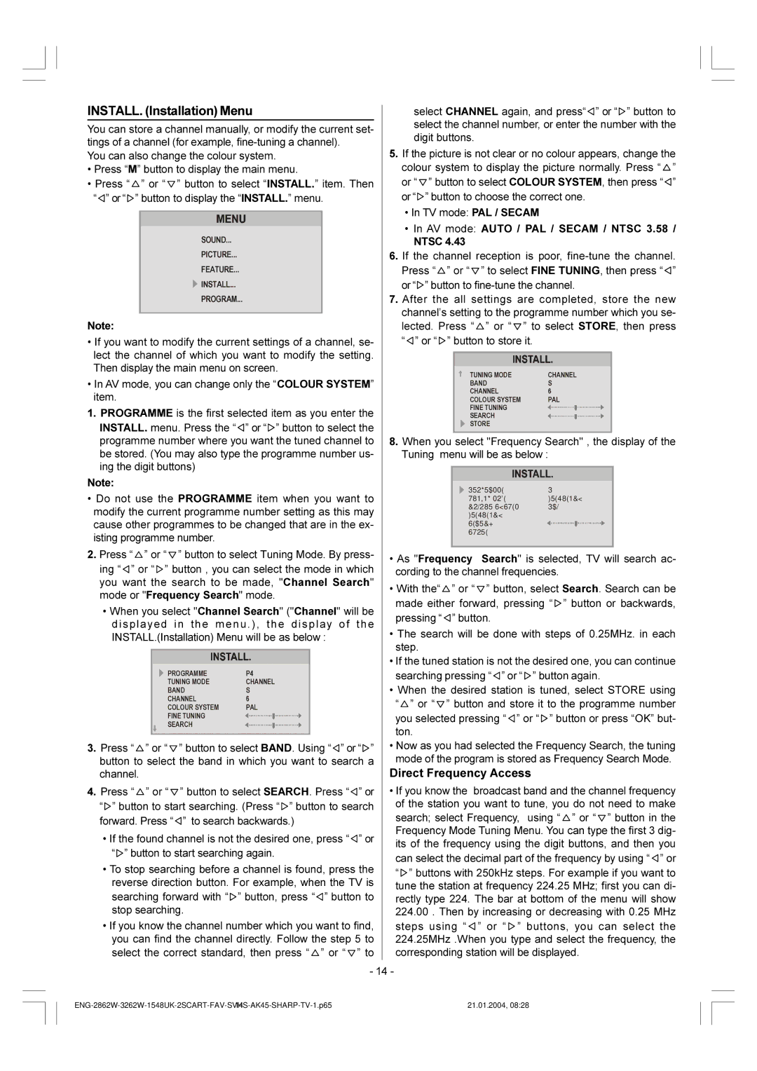 Sharp 28LF-92H operation manual INSTALL. Installation Menu 