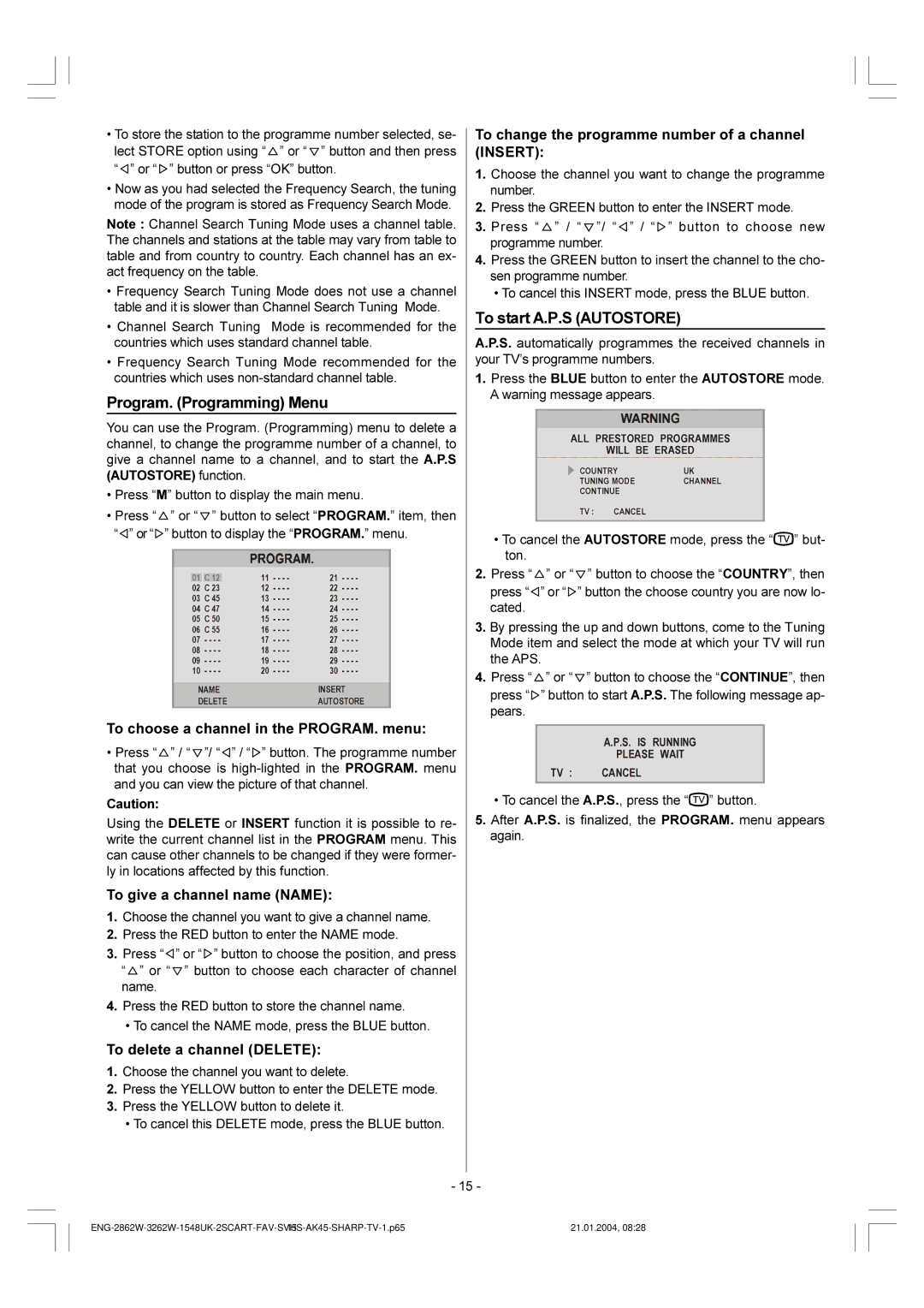 Sharp 28LF-92H operation manual Program. Programming Menu, To start A.P.S Autostore 