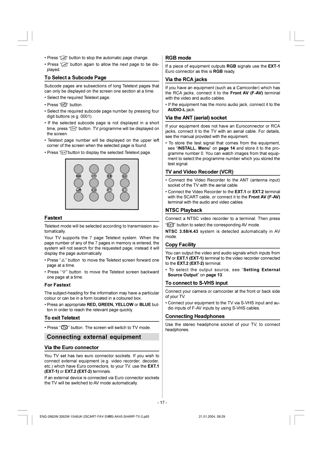 Sharp 28LF-92H operation manual Connecting external equipment, For Fastext 