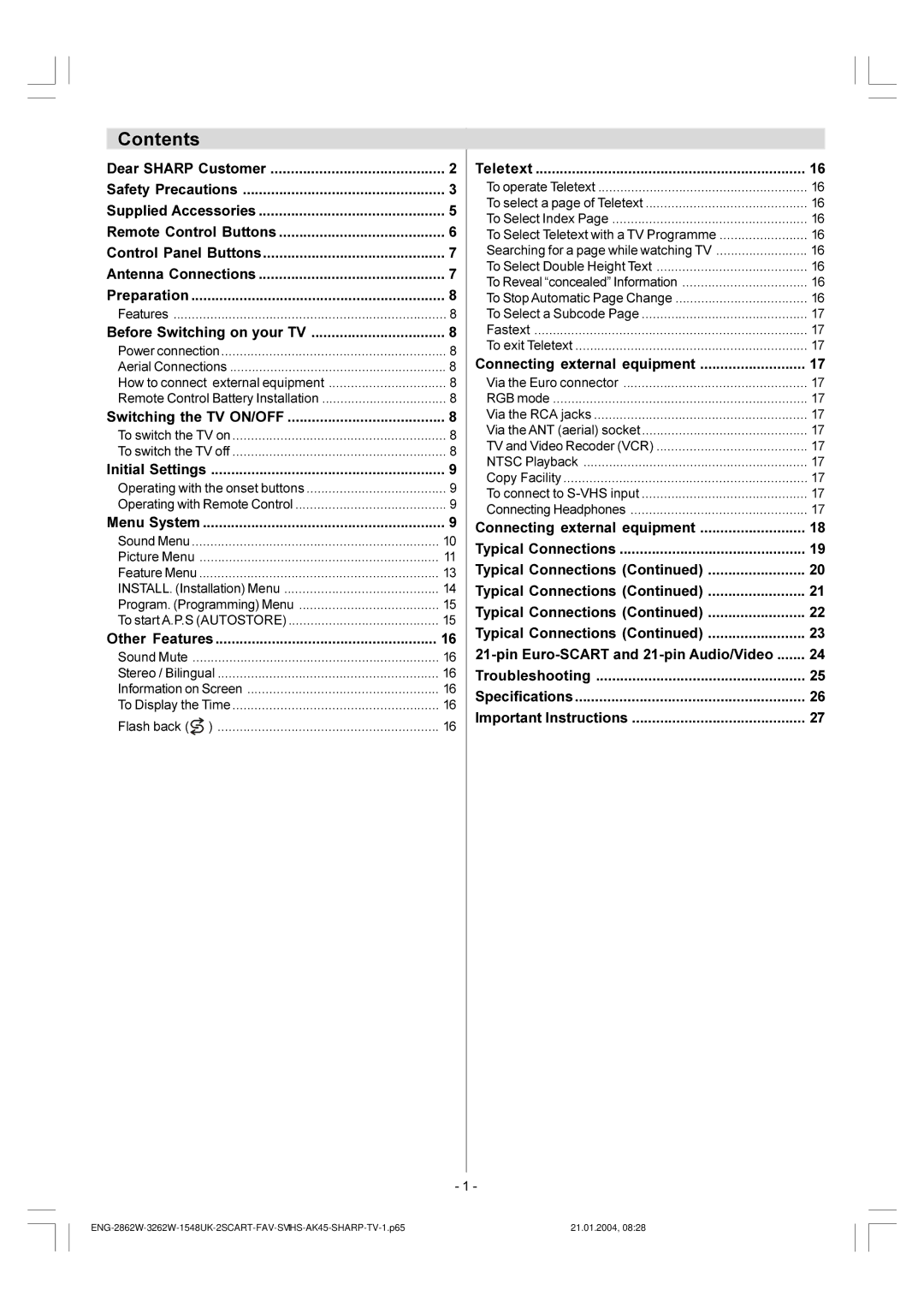 Sharp 28LF-92H operation manual Contents 