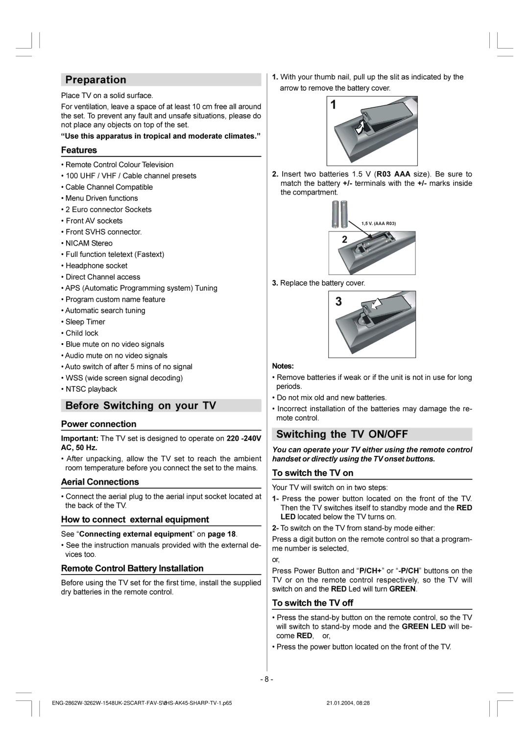 Sharp 28LF-92H operation manual Preparation, Before Switching on your TV, Switching the TV ON/OFF 