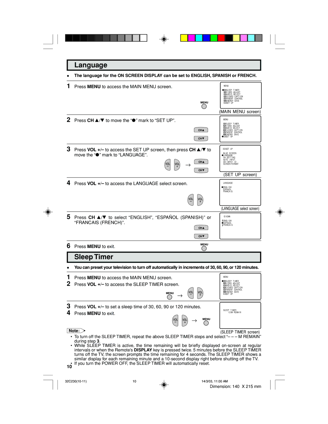 Sharp 32C230 operation manual Language, Sleep Timer, Francais French 