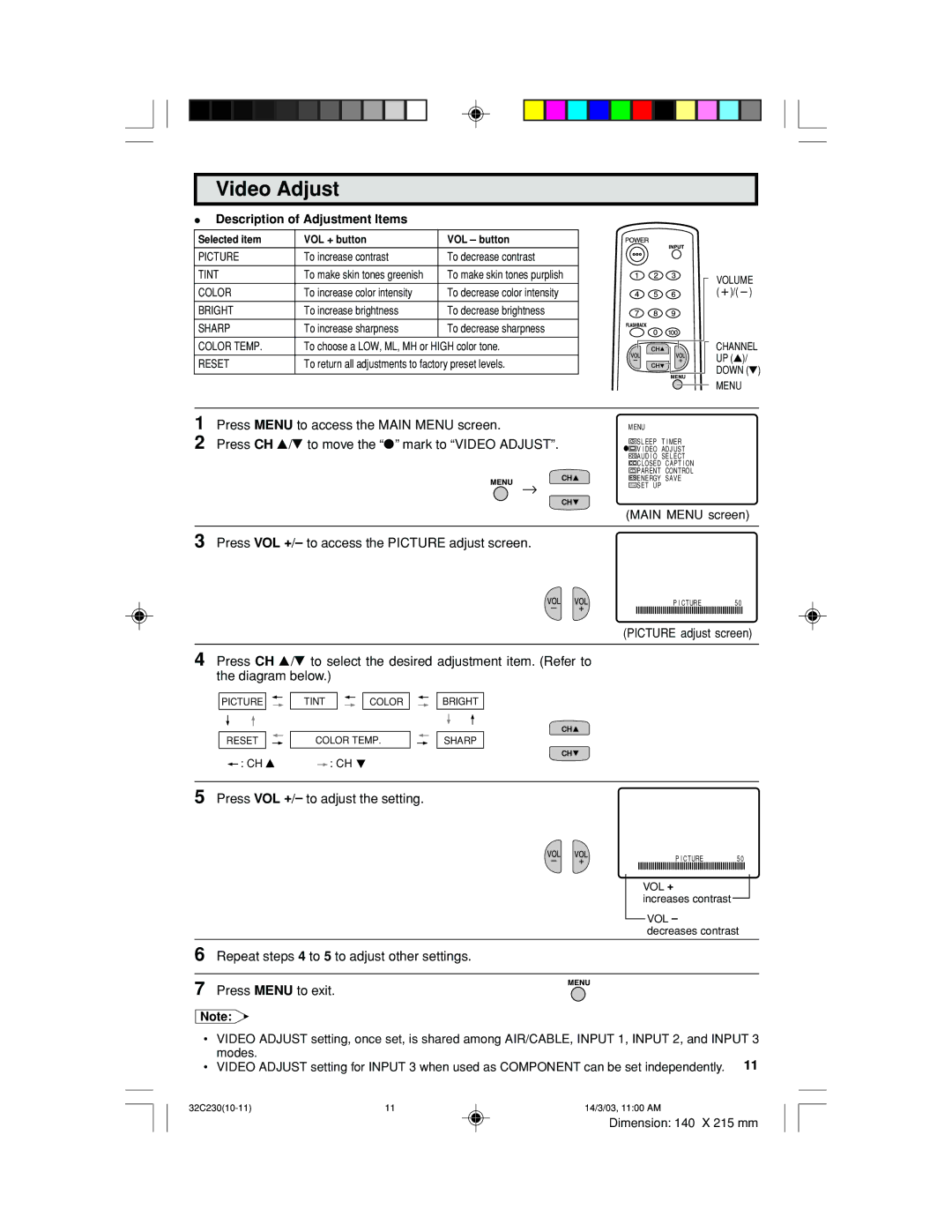 Sharp 32C230 operation manual Video Adjust, Description of Adjustment Items 