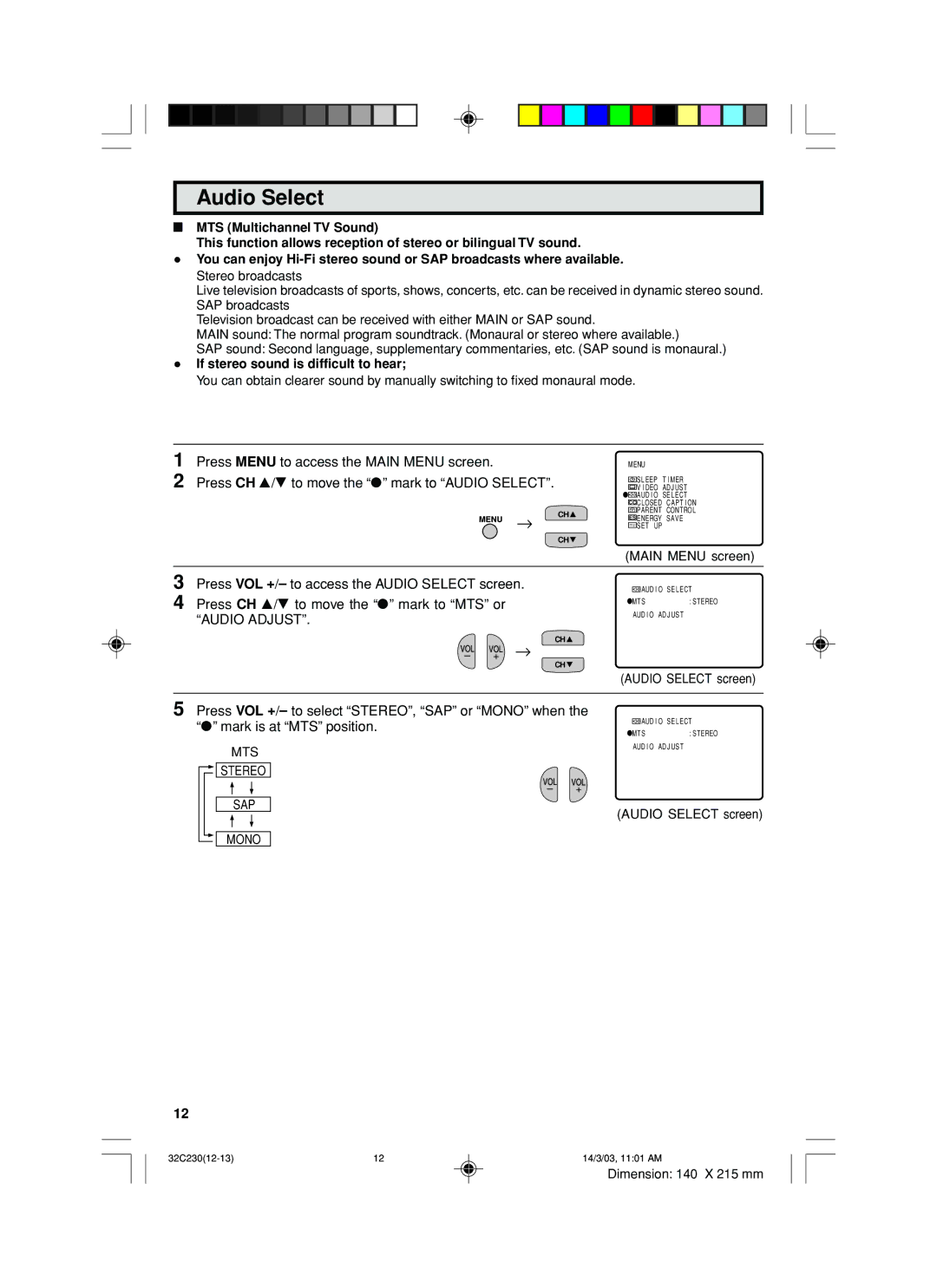 Sharp 32C230 operation manual Audio Select, If stereo sound is difficult to hear, MTS Stereo SAP Mono 