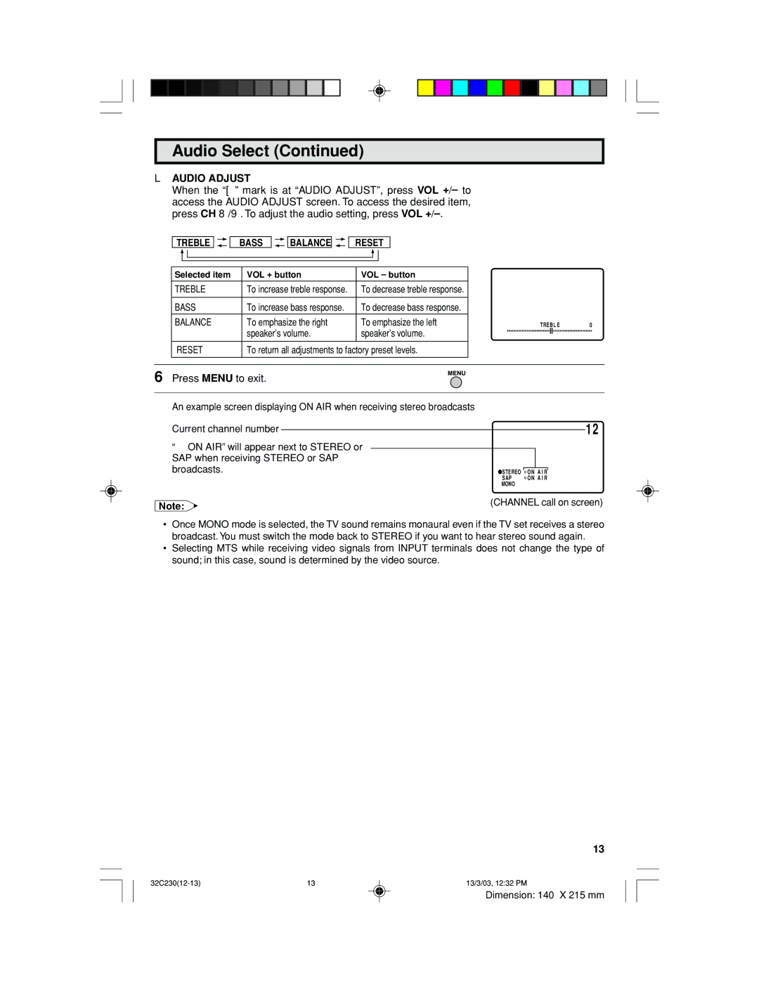 Sharp 32C230 operation manual Audio Adjust, Treble Bass, Reset, Balance 