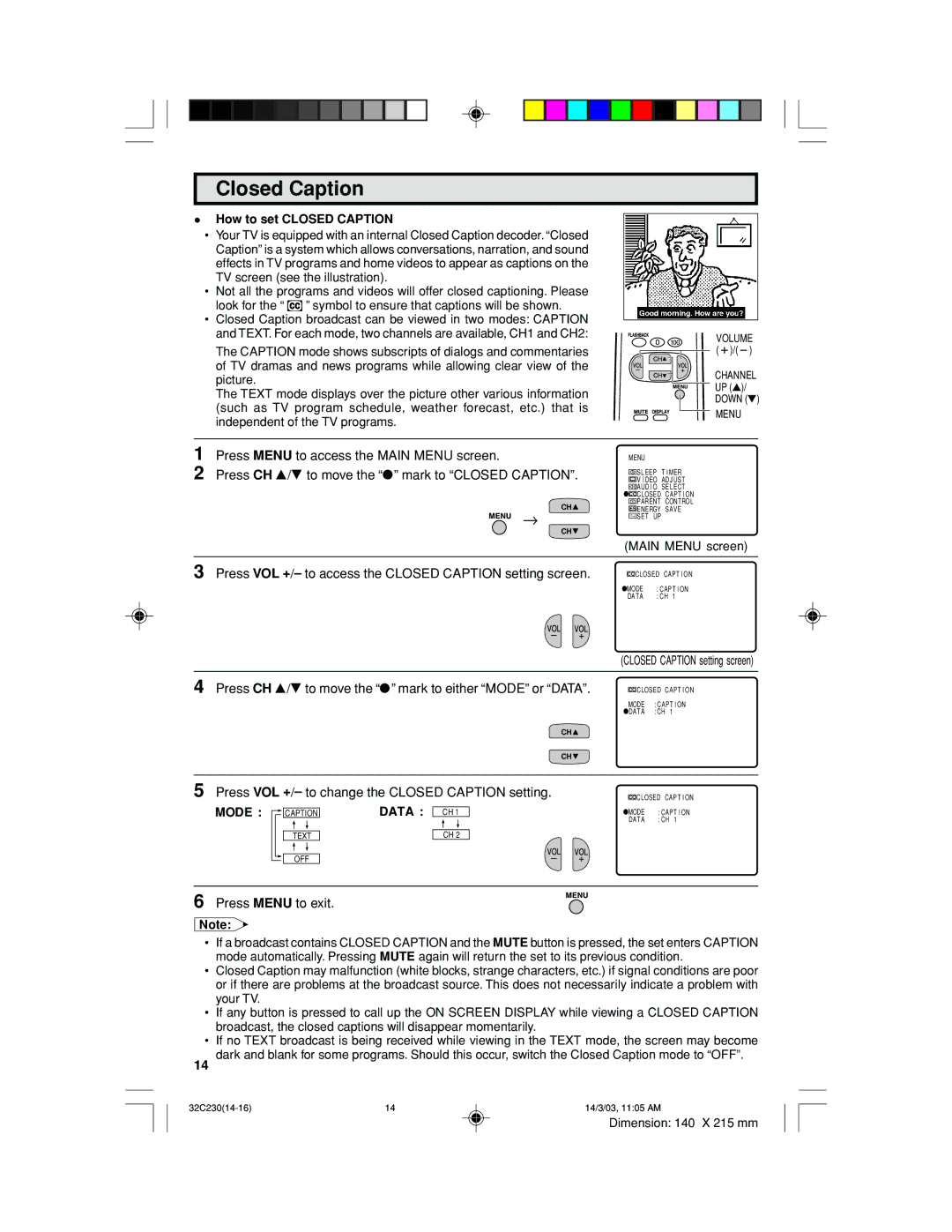 Sharp 32C230 operation manual How to set Closed Caption, Mode Data 