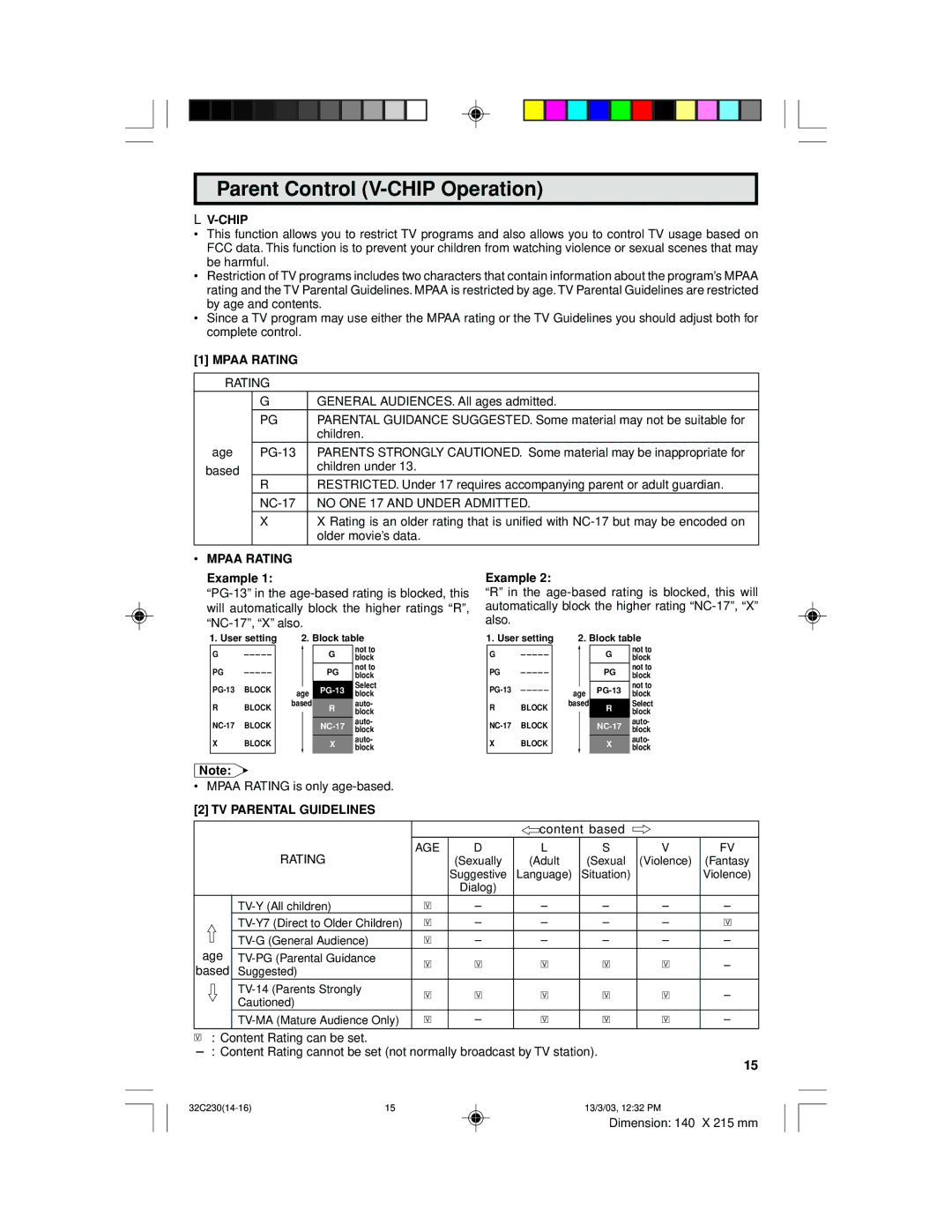 Sharp 32C230 operation manual Parent Control V-CHIP Operation, Chip, Mpaa Rating, TV Parental Guidelines 