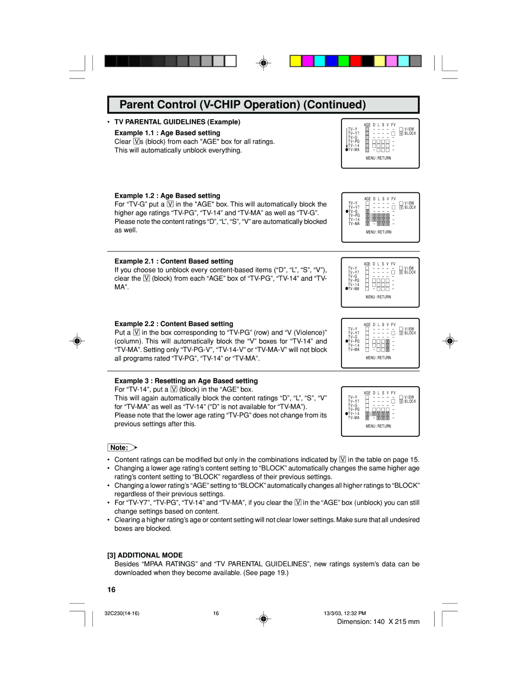 Sharp 32C230 Example 1.2 Age Based setting, Example 2.1 Content Based setting, Example 2.2 Content Based setting 