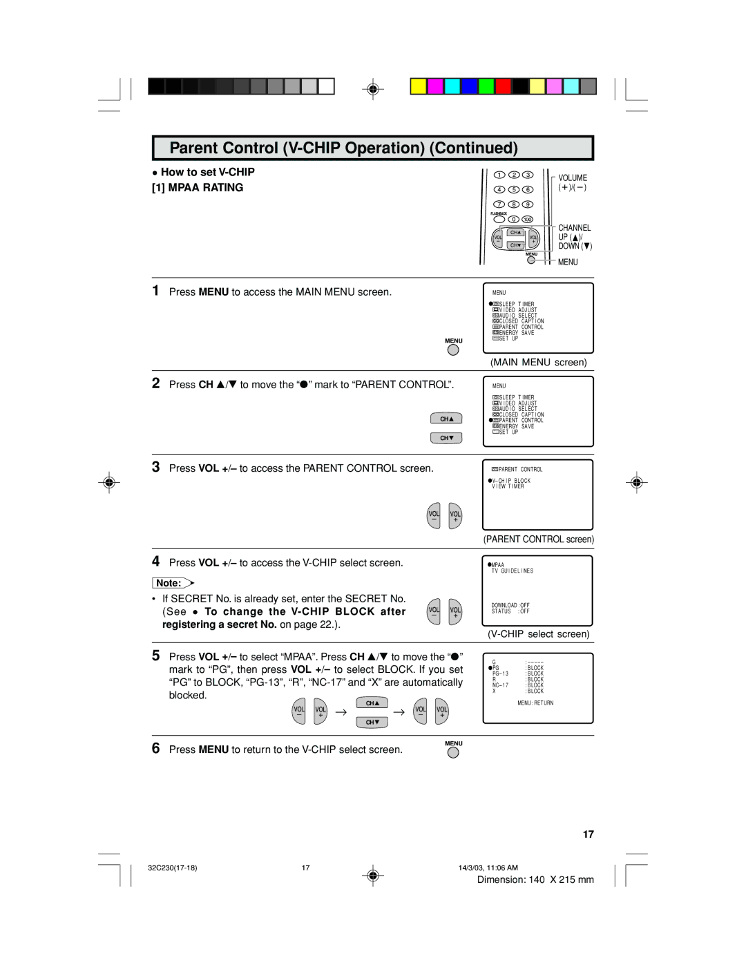 Sharp 32C230 operation manual See To change the V-CHIP Block after, Registering a secret No. on 