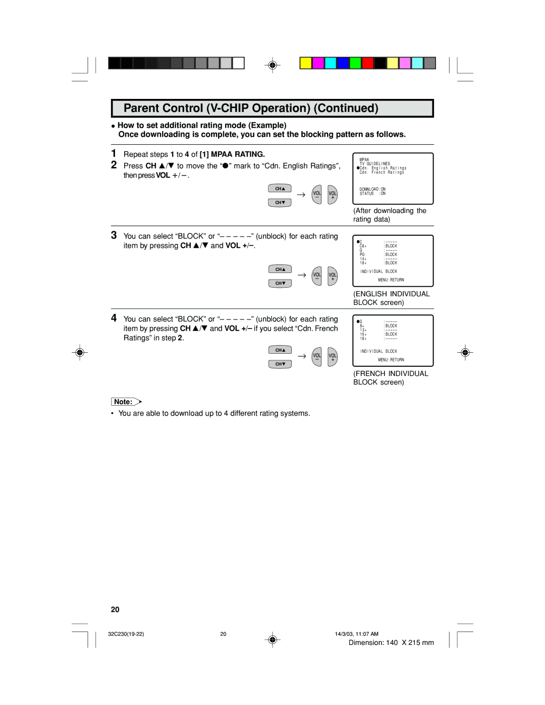 Sharp 32C230 operation manual Repeat steps 1 to 4 of 1 Mpaa Rating 