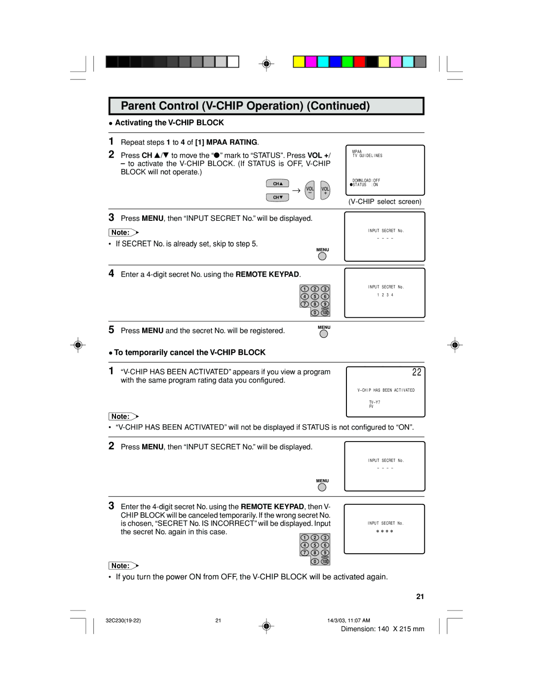 Sharp 32C230 operation manual Activating the V-CHIP Block, Secret No. again in this case 