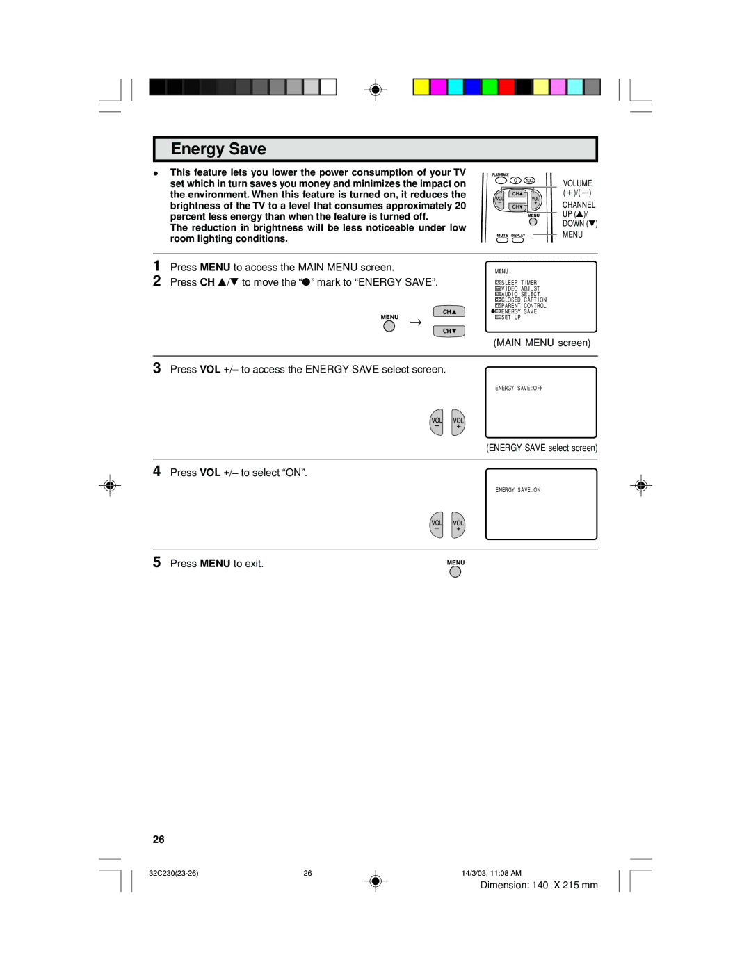 Sharp 32C230 operation manual Energy Save 